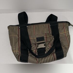 Lauren Ralph Lauren Houndstooth Tote Bag Black Tan Silver Buckle Top Zip Plaid